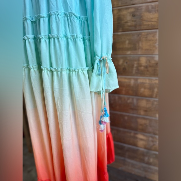 MAZIK Rainbow Gradient Hi-Low Tiered Ruffles With Tassels At Wrist Maxi Dress S - Picture 5 of 8